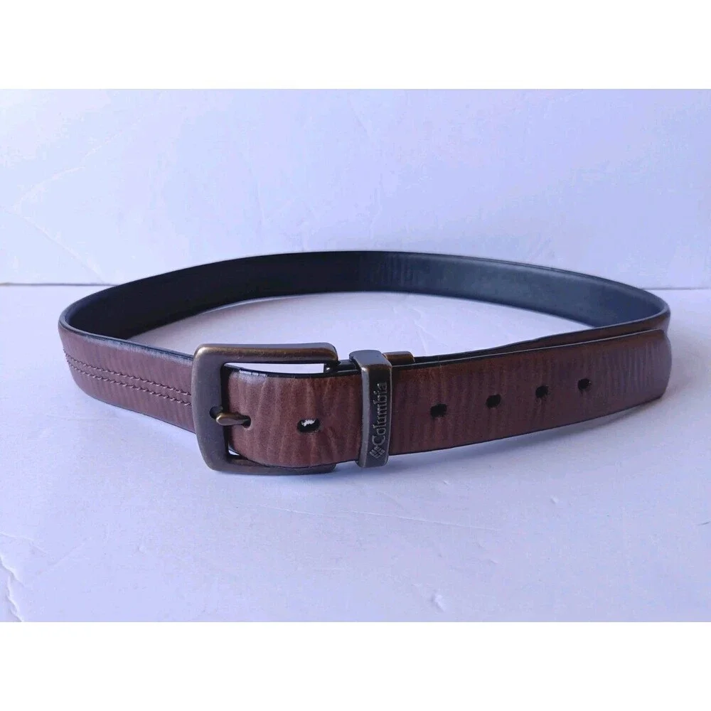 Columbia Belt Synthetic Leather Men's 38 Brown Black Stitched Adjustable